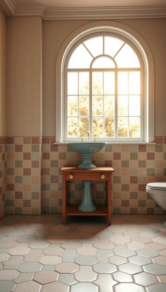 A well-lit, high-resolution image of a vintage bathroom setting showcasing a harmonious color palette. The foreground features classic ceramic tiles in muted shades of mint green, dusty rose, and soft yellow, arranged in a timeless hexagonal pattern. In the middle ground, a porcelain pedestal sink in a complementary pale blue hue stands atop a wooden vanity with brass hardware. The background depicts a large, arched window that bathes the scene in warm, natural light, casting a soft, golden glow over the space. The overall atmosphere evokes a sense of timeless elegance and a bygone era. A well-lit, high-resolution image of a vintage bathroom setting showcasing a harmonious color palette. The foreground features classic ceramic tiles in muted shades of mint green, dusty rose, and soft yellow, arranged in a timeless hexagonal pattern. In the middle ground, a porcelain pedestal sink in a complementary pale blue hue stands atop a wooden vanity with brass hardware. The background depicts a large, arched window that bathes the scene in warm, natural light, casting a soft, golden glow over the space. The overall atmosphere evokes a sense of timeless elegance and a bygone era.