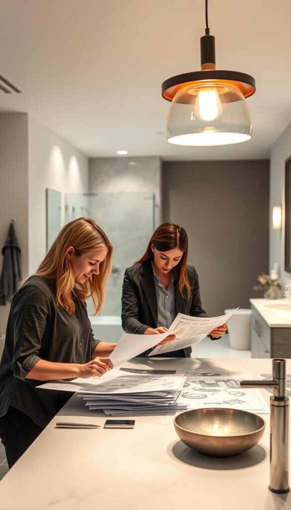 A well-lit modern bathroom, showcasing two professional interior designers discussing design plans over a large table. In the foreground, the designers are intently examining samples and sketches, their faces illuminated by the soft glow of a pendant light. In the middle ground, the bathroom features clean lines, high-end fixtures, and a neutral color palette that creates a serene atmosphere. The background is blurred, emphasizing the collaborative nature of the scene and the expertise of the professionals.