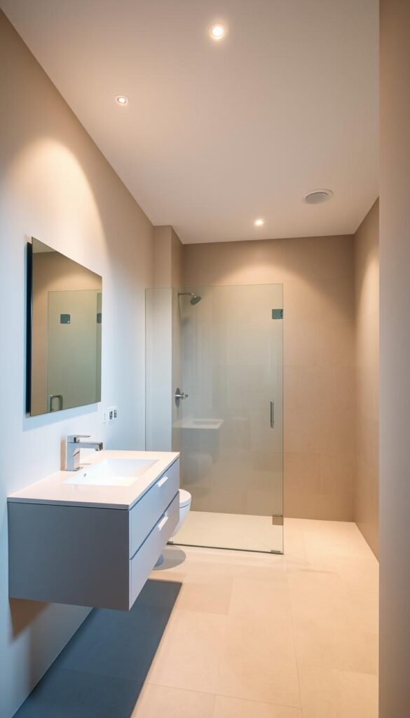 A well-lit, modern small bathroom with a sleek, minimalist design. The foreground features a floating vanity with a minimal sink and faucet, accompanied by a large rectangular mirror. The middle ground showcases a walk-in shower with a frameless glass enclosure, highlighting the spacious, open feel. The background includes a neutral-toned tile floor and walls, providing a clean and serene atmosphere. Indirect lighting fixtures cast a warm, inviting glow, creating a spa-like ambiance. The entire scene exudes a sense of sophistication and functionality, perfectly suited for a relaxing, rejuvenating bathroom experience.