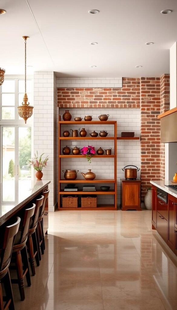 A well-lit, spacious Indian kitchen with a blend of modern and traditional elements. The foreground features a large central island with a granite countertop, complemented by intricate brass light fixtures and a row of wooden barstools. In the middle ground, traditional copper cookware and clay pots adorn a wooden shelving unit, while a vibrant floral arrangement adds a touch of color. The background showcases a combination of white tile walls and exposed brick, creating a warm and inviting atmosphere. Large windows allow ample natural light to flood the space, reflecting off the polished surfaces. The overall design strikes a harmonious balance between functionality and the rich cultural heritage of Indian home design. A well-lit, spacious Indian kitchen with a blend of modern and traditional elements. The foreground features a large central island with a granite countertop, complemented by intricate brass light fixtures and a row of wooden barstools. In the middle ground, traditional copper cookware and clay pots adorn a wooden shelving unit, while a vibrant floral arrangement adds a touch of color. The background showcases a combination of white tile walls and exposed brick, creating a warm and inviting atmosphere. Large windows allow ample natural light to flood the space, reflecting off the polished surfaces. The overall design strikes a harmonious balance between functionality and the rich cultural heritage of Indian home design.