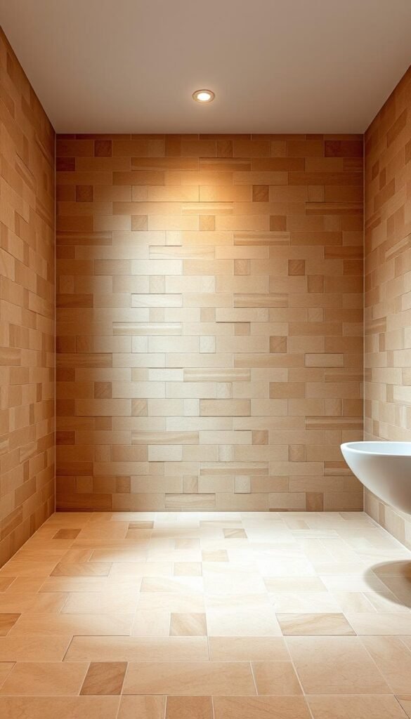 A well-lit, spacious bathroom with an array of high-quality ceramic tiles covering the walls and floor. The tiles feature a subtle, uniform pattern in a warm, earthy color palette, creating a classic and timeless aesthetic. The lighting is soft and diffused, gently illuminating the room and highlighting the textural details of the tiles. The camera angle captures the tiles from a mid-level perspective, showcasing their elegant and cohesive design. The overall atmosphere is one of comfort, cleanliness, and understated sophistication, perfectly suited for a relaxing and rejuvenating bathroom experience.