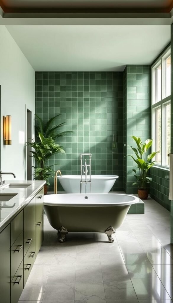 A well-lit, spacious bathroom with elegant green color schemes. The foreground features a large, modern vanity with a sleek marble countertop and minimalist fixtures. The middle ground showcases a deep, clawfoot bathtub surrounded by lush greenery, creating a serene, spa-like ambiance. The background reveals floor-to-ceiling windows that flood the space with natural light, highlighting the rich, earthy tones of the green tile walls. The overall composition conveys a sense of tranquility and sophistication, perfectly complementing the article's subject matter. A well-lit, spacious bathroom with elegant green color schemes. The foreground features a large, modern vanity with a sleek marble countertop and minimalist fixtures. The middle ground showcases a deep, clawfoot bathtub surrounded by lush greenery, creating a serene, spa-like ambiance. The background reveals floor-to-ceiling windows that flood the space with natural light, highlighting the rich, earthy tones of the green tile walls. The overall composition conveys a sense of tranquility and sophistication, perfectly complementing the article's subject matter.