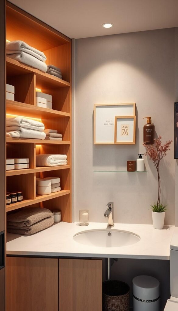 A well-organized and functional bathroom with ample storage, streamlined shelves, and neatly arranged toiletries. A soft, warm lighting illuminates the space, creating a serene and inviting atmosphere. Towels and other textiles are folded with precision, adding a touch of elegance. Minimalist decor, such as a potted plant or a simple piece of artwork, enhances the overall aesthetic. The layout is designed to maximize efficiency, with easy-to-access storage solutions and a clutter-free countertop. The image conveys a sense of order, tranquility, and a thoughtful approach to bathroom organization.