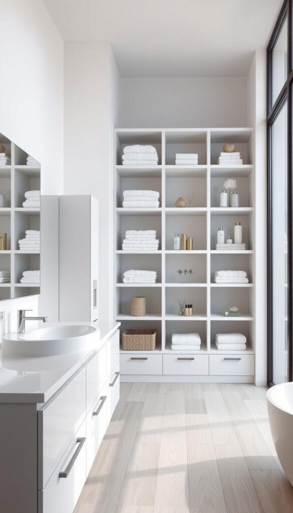 A well-organized bathroom storage system with sleek, modern shelves and cabinets in a bright, airy room. The foreground features a floating vanity with ample drawer space, complemented by a large mirror. In the middle ground, built-in shelves showcase neatly arranged towels, toiletries, and decorative accents. The background showcases large windows that flood the space with natural light, creating a serene and inviting atmosphere. The overall design reflects a minimalist, high-quality aesthetic that enhances the room's functionality and visual appeal.