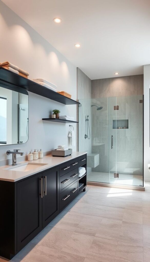A well-organized bathroom with a sleek, minimalist aesthetic. A spacious vanity with ample storage space, featuring clean lines and a matte black finish. Shelves above the vanity hold neatly arranged towels, jars, and baskets. The large walk-in shower is adorned with gleaming chrome fixtures and a frameless glass enclosure. Recessed lighting casts a soft, warm glow throughout the space, creating a spa-like ambiance. The tile floor has a subtle, textured pattern that complements the overall design. The room is bathed in natural light streaming in through a large window, offering a serene and calming atmosphere.