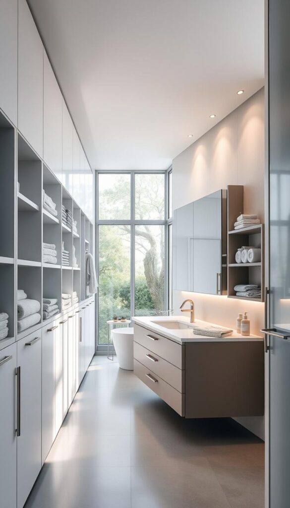 A well-organized bathroom with an abundance of storage solutions. In the foreground, a series of sleek, minimalist cabinets and shelves line the walls, providing ample space for neatly organized toiletries and linens. The middle ground features a stylish vanity with drawers and under-sink storage, complemented by a large, frameless mirror that enhances the sense of openness. Soft, diffused lighting from recessed fixtures casts a warm, inviting glow, while large windows in the background allow natural light to flood the space, creating a serene and spa-like atmosphere.