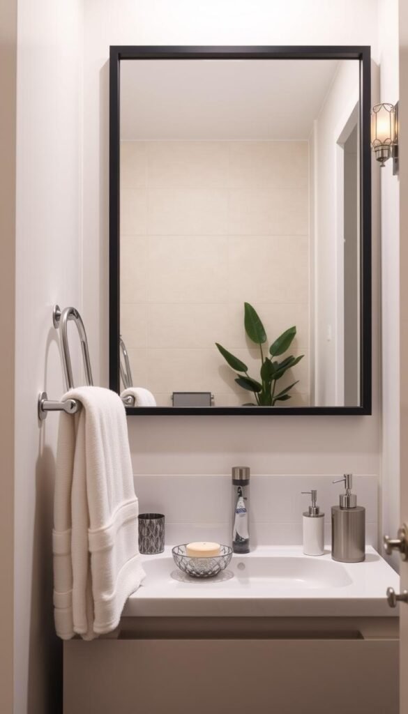 A well-organized small bathroom interior, with a variety of stylish accessories tastefully arranged. In the foreground, a sleek chrome towel bar, a decorative soap dish, and a coordinating toothbrush holder sit atop a minimalist vanity. In the middle ground, a large wall mirror reflects the space, surrounded by a modern, matte black frame. The background features a tiled wall in a soothing neutral tone, complemented by a potted plant and a decorative wall sconce providing soft, warm lighting. The overall atmosphere is one of understated elegance and attention to detail, creating a visually appealing and practical small bathroom space. A well-organized small bathroom interior, with a variety of stylish accessories tastefully arranged. In the foreground, a sleek chrome towel bar, a decorative soap dish, and a coordinating toothbrush holder sit atop a minimalist vanity. In the middle ground, a large wall mirror reflects the space, surrounded by a modern, matte black frame. The background features a tiled wall in a soothing neutral tone, complemented by a potted plant and a decorative wall sconce providing soft, warm lighting. The overall atmosphere is one of understated elegance and attention to detail, creating a visually appealing and practical small bathroom space.