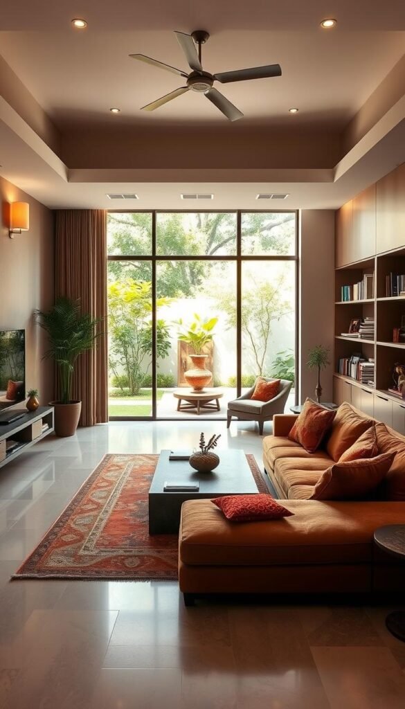 An elegant and harmonious contemporary Indian interior, bathed in warm natural light. In the foreground, a spacious living room with a plush L-shaped sofa in earthy tones, accented by vibrant textiles and decorative pieces that reflect traditional Indian craftsmanship. The middle ground features a minimalist wooden coffee table and a large window overlooking a lush, verdant courtyard. The background showcases a seamless integration of modern and classic elements, with clean-lined built-in shelving displaying a curated collection of books and artifacts. The overall atmosphere is one of understated sophistication, where timeless Indian design sensibilities seamlessly blend with a contemporary aesthetic. An elegant and harmonious contemporary Indian interior, bathed in warm natural light. In the foreground, a spacious living room with a plush L-shaped sofa in earthy tones, accented by vibrant textiles and decorative pieces that reflect traditional Indian craftsmanship. The middle ground features a minimalist wooden coffee table and a large window overlooking a lush, verdant courtyard. The background showcases a seamless integration of modern and classic elements, with clean-lined built-in shelving displaying a curated collection of books and artifacts. The overall atmosphere is one of understated sophistication, where timeless Indian design sensibilities seamlessly blend with a contemporary aesthetic.