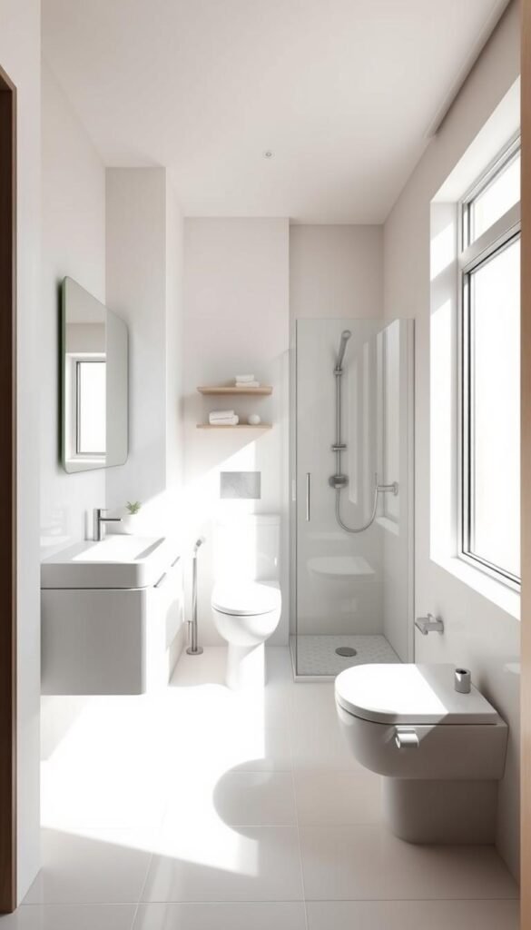 An elegant small bathroom interior, bathed in soft, natural lighting from a large window. The space is organized with minimalist, streamlined fixtures - a sleek vanity with a single sink, a wall-mounted toilet, and a compact, glass-enclosed shower. Smooth, white tiles cover the floor and walls, creating a calming, spa-like atmosphere. Carefully placed mirrors and shelving maximize the sense of openness and visual depth. Subtle, metallic accents add a touch of modern sophistication. The overall design prioritizes efficient use of space, clean lines, and a serene, relaxing ambiance. An elegant small bathroom interior, bathed in soft, natural lighting from a large window. The space is organized with minimalist, streamlined fixtures - a sleek vanity with a single sink, a wall-mounted toilet, and a compact, glass-enclosed shower. Smooth, white tiles cover the floor and walls, creating a calming, spa-like atmosphere. Carefully placed mirrors and shelving maximize the sense of openness and visual depth. Subtle, metallic accents add a touch of modern sophistication. The overall design prioritizes efficient use of space, clean lines, and a serene, relaxing ambiance.