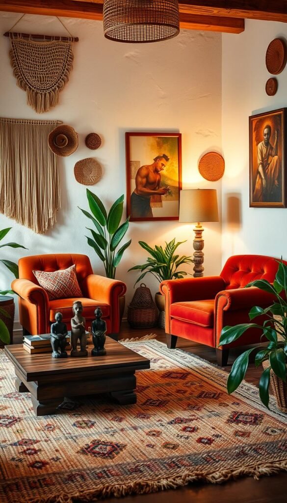 An intimate Afrohemian living room with warm lighting and natural textures. The foreground features a plush, hand-woven area rug in earthy tones, accented by a low, wooden coffee table adorned with carved African sculptures. In the middle ground, a pair of overstuffed, tufted velvet armchairs in rich, vibrant hues face each other, creating a cozy conversation nook. The background showcases whitewashed walls adorned with macrame wall hangings, woven baskets, and framed abstract art that blends African and bohemian influences. Lush potted plants and a floor lamp with a woven shade complete the harmonious, relaxed ambiance. An intimate Afrohemian living room with warm lighting and natural textures. The foreground features a plush, hand-woven area rug in earthy tones, accented by a low, wooden coffee table adorned with carved African sculptures. In the middle ground, a pair of overstuffed, tufted velvet armchairs in rich, vibrant hues face each other, creating a cozy conversation nook. The background showcases whitewashed walls adorned with macrame wall hangings, woven baskets, and framed abstract art that blends African and bohemian influences. Lush potted plants and a floor lamp with a woven shade complete the harmonious, relaxed ambiance.
