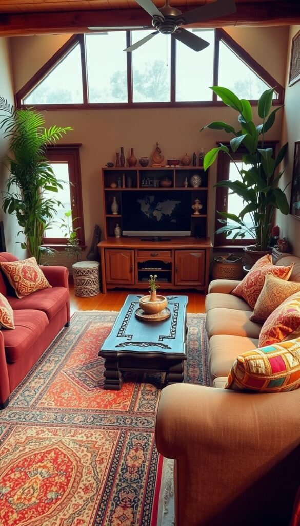 An intimate, cozy living room with a distinctive ethnic flair. Warm, earthy tones and natural textures create a welcoming ambiance. In the foreground, a plush, jewel-toned sofa is adorned with vibrant patterned throw pillows. Intricate woven rugs cover the hardwood floor, leading the eye to a sturdy, carved wooden coffee table. The middle ground features a striking, handcrafted wooden entertainment unit, adorned with eclectic trinkets and ceramics. In the background, large windows let in soft, diffused natural light, illuminating the space. Lush, verdant potted plants add pops of greenery, complementing the overall ethnic aesthetic. The scene evokes a sense of cultural richness and comforting homeliness. An intimate, cozy living room with a distinctive ethnic flair. Warm, earthy tones and natural textures create a welcoming ambiance. In the foreground, a plush, jewel-toned sofa is adorned with vibrant patterned throw pillows. Intricate woven rugs cover the hardwood floor, leading the eye to a sturdy, carved wooden coffee table. The middle ground features a striking, handcrafted wooden entertainment unit, adorned with eclectic trinkets and ceramics. In the background, large windows let in soft, diffused natural light, illuminating the space. Lush, verdant potted plants add pops of greenery, complementing the overall ethnic aesthetic. The scene evokes a sense of cultural richness and comforting homeliness.