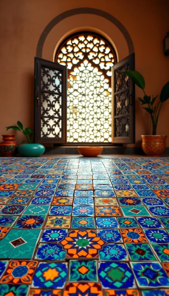 An intricate mosaic of vibrant Moroccan tiles adorns the foreground, showcasing a stunning array of geometric patterns in rich hues of cobalt blue, emerald green, and warm ochre. The tiles are meticulously arranged, creating a captivating and visually striking composition. In the middle ground, a soft, diffused light filters through ornate latticed windows, casting subtle shadows and highlighting the depth and texture of the tiles. The background features muted, earthy tones of stucco walls, complementing the vibrant tiles and creating a harmonious, inviting atmosphere reminiscent of the vibrant Moroccan aesthetic. The overall scene exudes a sense of timeless elegance and cultural authenticity, perfectly encapsulating the essence of Moroccan home decor. An intricate mosaic of vibrant Moroccan tiles adorns the foreground, showcasing a stunning array of geometric patterns in rich hues of cobalt blue, emerald green, and warm ochre. The tiles are meticulously arranged, creating a captivating and visually striking composition. In the middle ground, a soft, diffused light filters through ornate latticed windows, casting subtle shadows and highlighting the depth and texture of the tiles. The background features muted, earthy tones of stucco walls, complementing the vibrant tiles and creating a harmonious, inviting atmosphere reminiscent of the vibrant Moroccan aesthetic. The overall scene exudes a sense of timeless elegance and cultural authenticity, perfectly encapsulating the essence of Moroccan home decor.