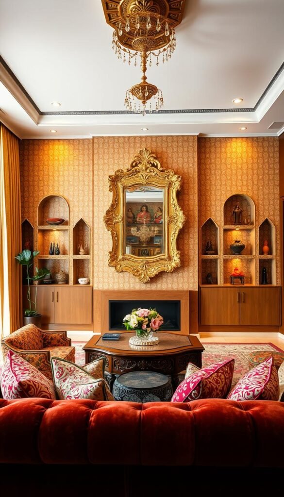 An ornate Indian-inspired living room with a blend of contemporary and traditional design elements. In the foreground, a plush velvet sofa adorned with intricate embroidered cushions, complemented by a hand-carved wooden coffee table. The middle ground features a statement piece - a shimmering gold-framed mirror with an intricate floral motif. The background showcases a feature wall with a vibrant, geometric patterned wallpaper, interspersed with small niches displaying traditional Indian artifacts and sculptures. Warm, diffused lighting creates a cozy, inviting atmosphere, while large windows allow natural light to flood the space. The overall aesthetic seamlessly merges the essence of Indian craftsmanship with modern, elegant design. An ornate Indian-inspired living room with a blend of contemporary and traditional design elements. In the foreground, a plush velvet sofa adorned with intricate embroidered cushions, complemented by a hand-carved wooden coffee table. The middle ground features a statement piece - a shimmering gold-framed mirror with an intricate floral motif. The background showcases a feature wall with a vibrant, geometric patterned wallpaper, interspersed with small niches displaying traditional Indian artifacts and sculptures. Warm, diffused lighting creates a cozy, inviting atmosphere, while large windows allow natural light to flood the space. The overall aesthetic seamlessly merges the essence of Indian craftsmanship with modern, elegant design.