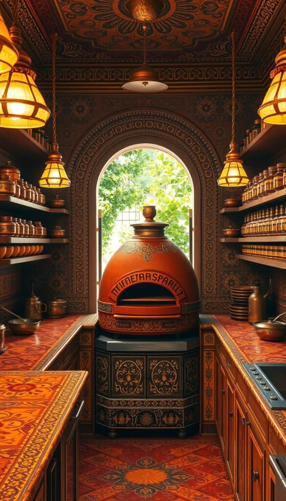 An ornately decorated Indian kitchen, bathed in warm golden light from hanging brass lamps. The countertops are covered in intricate hand-painted tiles, featuring vibrant floral and geometric patterns in shades of ochre, turmeric, and cinnamon. Rows of copper cookware and brass spice jars line the shelves, casting a burnished glow. In the center, a large traditional tandoor oven stands proudly, its terracotta exterior adorned with delicate inlaid designs. Through the arched doorway, a glimpse of a lush, herb-filled garden can be seen, adding to the rustic, spice-infused ambiance. The scene evokes the rich cultural heritage and culinary traditions of India. An ornately decorated Indian kitchen, bathed in warm golden light from hanging brass lamps. The countertops are covered in intricate hand-painted tiles, featuring vibrant floral and geometric patterns in shades of ochre, turmeric, and cinnamon. Rows of copper cookware and brass spice jars line the shelves, casting a burnished glow. In the center, a large traditional tandoor oven stands proudly, its terracotta exterior adorned with delicate inlaid designs. Through the arched doorway, a glimpse of a lush, herb-filled garden can be seen, adding to the rustic, spice-infused ambiance. The scene evokes the rich cultural heritage and culinary traditions of India.