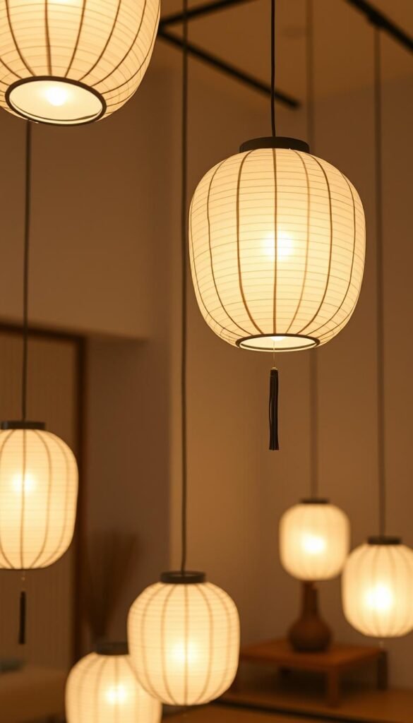 Andon paper lanterns gently illuminating a serene Japanese interior. Soft, warm lighting emanates from the delicate paper shades, casting a tranquil glow throughout the minimalist space. The lanterns are suspended from the ceiling, their graceful forms creating a sense of elegance and refinement. The background features clean-lined furniture and muted tones, allowing the lanterns to take center stage. The overall atmosphere evokes a Zen-like ambiance, perfectly capturing the essence of Japanese lighting design.