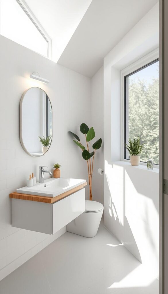 Bright and airy small bathroom interior bathed in natural light streaming through large window. Minimalist modern design with white subway tiles, floating vanity, and sleek fixtures. Thoughtful placement of mirror to maximize natural illumination. Strategically positioned task lighting above vanity to complement soft ambient glow. Subtle textural accents like natural wood shelves and plants add visual interest. Overall calming, spa-like atmosphere that feels open and inviting despite compact dimensions.