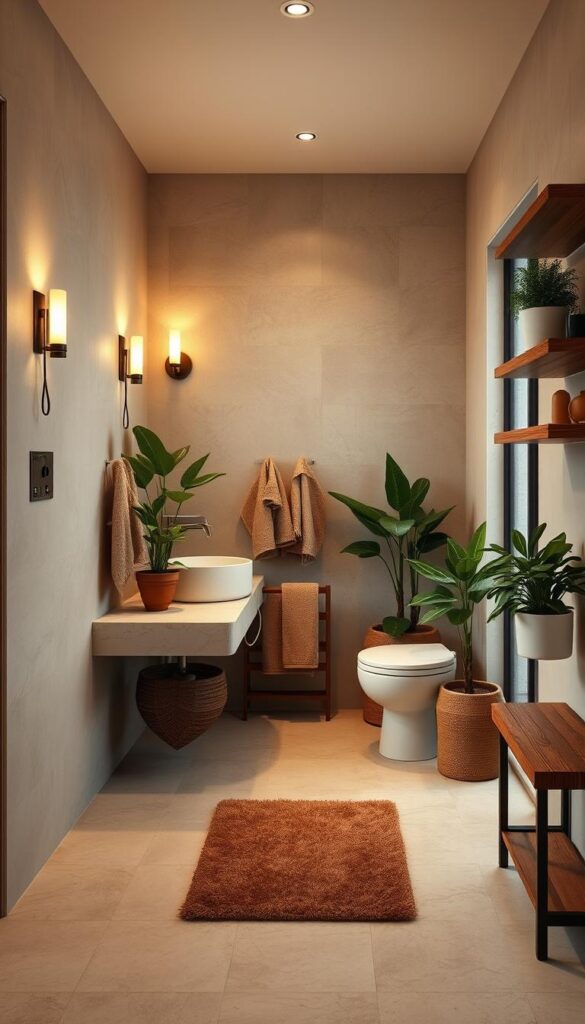 Cozy bathroom interior with warm, inviting textures. Smooth polished stone tiles in neutral tones cover the floor and walls, creating a sleek, natural aesthetic. Gently veined marble vanity top contrasts with the matte ceramic sink basin. Plush, textured hand towels in earthy hues hang neatly. Soft, indirect lighting from sconces and a large window fills the space with a golden, ambient glow. Lush potted plants add pops of verdant life. Wooden accents, such as a teak bath mat and shelving, infuse the space with organic warmth and dimension.