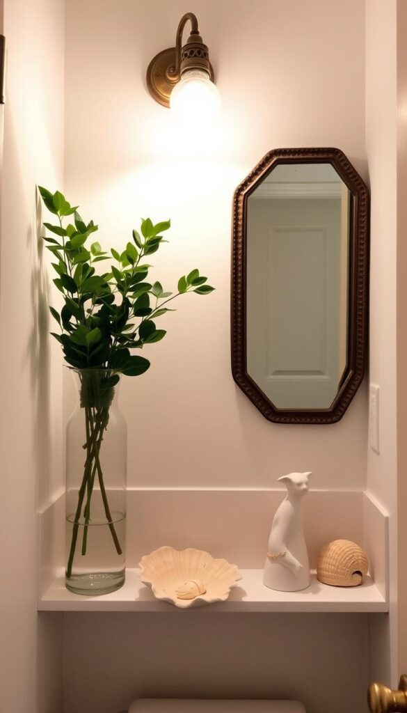 Decorative elements in a small, cozy bathroom: elegant glass vases with lush greenery, delicate ceramic figurines, artfully arranged seashells, and a single statement piece like a vintage-inspired wall sconce casting a warm, ambient glow. The composition is balanced, with negative space allowing the unique decorations to shine. The lighting is soft and diffused, creating a serene, spa-like atmosphere. The overall effect is one of refined elegance and personal style, without feeling cluttered or overwhelming the compact space.