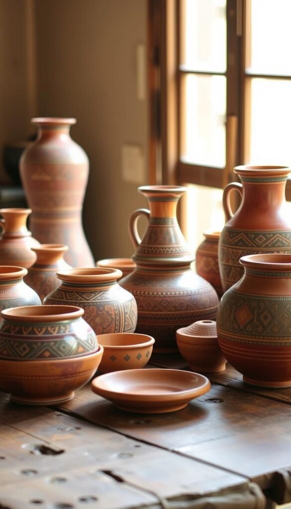 Delicate handcrafted Indian pottery and ceramics arranged on a rustic wooden table, bathed in warm, natural lighting. Intricate patterns and textures adorn the vases, bowls, and jars, each piece unique and showcasing the skilled craftsmanship of local artisans. The subtle hues of terracotta, earthy tones, and accents of vibrant colors create a timeless, harmonious composition. The scene evokes a sense of tradition, authenticity, and the enduring beauty of these cherished home decor pieces. Delicate handcrafted Indian pottery and ceramics arranged on a rustic wooden table, bathed in warm, natural lighting. Intricate patterns and textures adorn the vases, bowls, and jars, each piece unique and showcasing the skilled craftsmanship of local artisans. The subtle hues of terracotta, earthy tones, and accents of vibrant colors create a timeless, harmonious composition. The scene evokes a sense of tradition, authenticity, and the enduring beauty of these cherished home decor pieces.