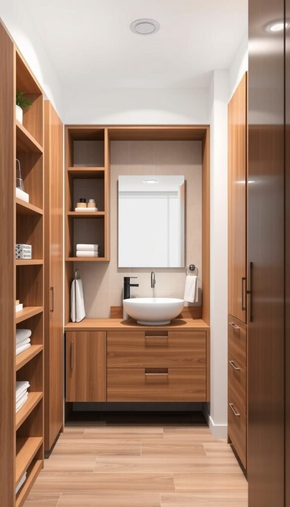 Detailed bathroom storage solutions in a bright, well-lit interior. Wooden shelves, built-in cabinets, and floating vanity with drawers occupy the foreground, showcasing various storage options. The middle ground features a sleek, minimalist sink and mirror, complemented by a towel rack and other functional accessories. The background reveals a soothing, neutral-toned tiled wall, creating a calming and cohesive atmosphere. Soft, diffused lighting from overhead fixtures accentuates the clean, organized layout, highlighting the practical yet aesthetically pleasing design of the small bathroom space. Detailed bathroom storage solutions in a bright, well-lit interior. Wooden shelves, built-in cabinets, and floating vanity with drawers occupy the foreground, showcasing various storage options. The middle ground features a sleek, minimalist sink and mirror, complemented by a towel rack and other functional accessories. The background reveals a soothing, neutral-toned tiled wall, creating a calming and cohesive atmosphere. Soft, diffused lighting from overhead fixtures accentuates the clean, organized layout, highlighting the practical yet aesthetically pleasing design of the small bathroom space.
