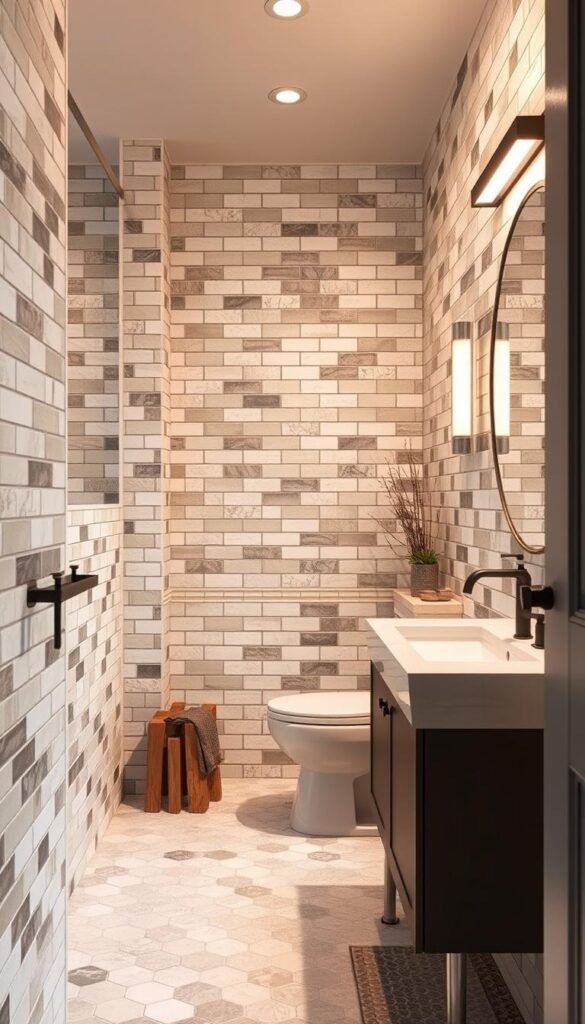 Detailed image of a small, well-lit bathroom interior with a focus on the tile design. Soft, warm lighting illuminates a mix of light and dark tile patterns covering the walls and floor, creating a cozy and inviting atmosphere. The tile layout showcases a variety of shapes and textures, such as subway tiles, hexagonal tiles, and natural stone accents, strategically arranged to make the space feel larger. A minimalist vanity, clean-lined fixtures, and decorative plants or artwork complete the serene, spa-like ambiance. Detailed image of a small, well-lit bathroom interior with a focus on the tile design. Soft, warm lighting illuminates a mix of light and dark tile patterns covering the walls and floor, creating a cozy and inviting atmosphere. The tile layout showcases a variety of shapes and textures, such as subway tiles, hexagonal tiles, and natural stone accents, strategically arranged to make the space feel larger. A minimalist vanity, clean-lined fixtures, and decorative plants or artwork complete the serene, spa-like ambiance.