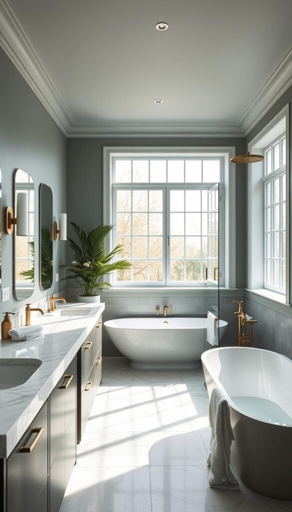 Elegant and serene bathroom interior with a striking color scheme. Soft, muted hues of sage green and dusty blue adorn the walls, complemented by sleek marble vanity tops and brushed brass fixtures. Abundant natural light floods the space through large windows, creating a bright and airy ambiance. Plush cotton towels and a potted plant add natural textures, while a freestanding tub and modern rainfall shower head offer a spa-like experience. The overall aesthetic is one of understated sophistication, creating a tranquil oasis for relaxation.