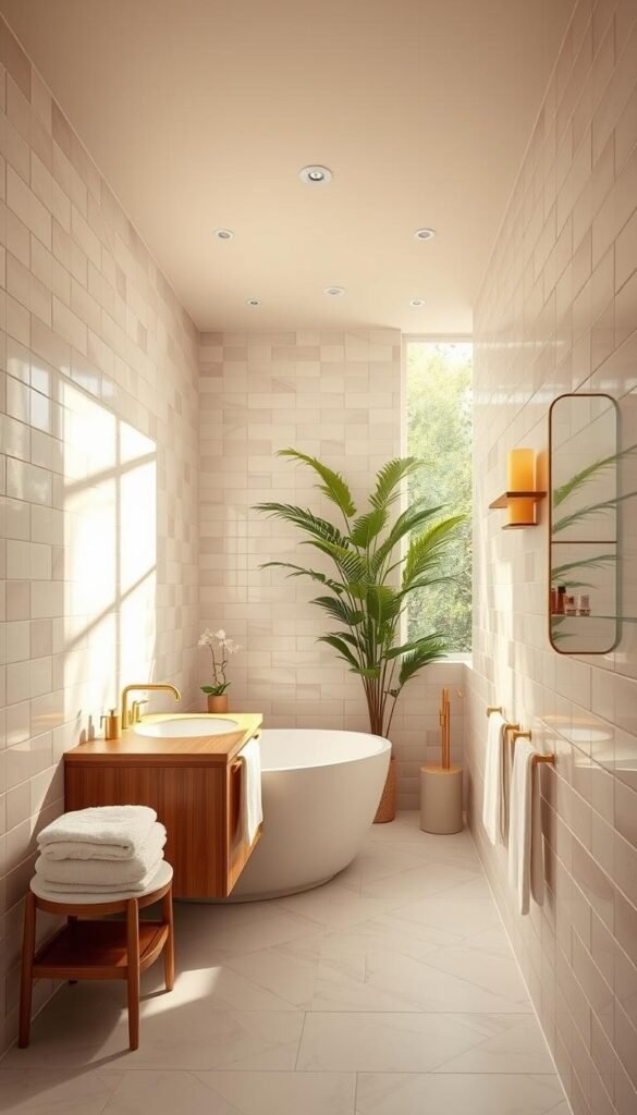 Elegant bathroom interior with luxurious color scheme. Soft pastel tiles covering the walls, accented by warm wood vanity and gold fixtures. Natural light filters through large windows, casting a serene glow. Plush towels and plants add organic touches. Minimalist design with clean lines and a calming, spa-like ambiance. High-quality camera captures the scene in crisp detail, showcasing the harmonious blend of colors, textures, and materials that create a visually striking and inviting bathroom space. Elegant bathroom interior with luxurious color scheme. Soft pastel tiles covering the walls, accented by warm wood vanity and gold fixtures. Natural light filters through large windows, casting a serene glow. Plush towels and plants add organic touches. Minimalist design with clean lines and a calming, spa-like ambiance. High-quality camera captures the scene in crisp detail, showcasing the harmonious blend of colors, textures, and materials that create a visually striking and inviting bathroom space.