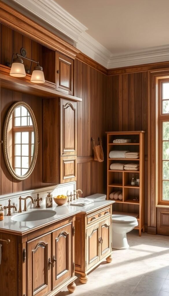 Elegant bathroom storage solutions, with a rustic-chic aesthetic. Wooden shelves and cabinets line the walls, accented by copper fixtures and soft lighting. In the foreground, a vintage-inspired vanity with ornate mirrors and a mix of glass jars and woven baskets. The middle ground features a freestanding storage unit with decorative cubbies and hooks, perfect for towels and toiletries. The background showcases a large window, allowing natural light to flood the space and highlight the warm, earthy tones. An inviting, well-organized bathroom that seamlessly blends form and function. Elegant bathroom storage solutions, with a rustic-chic aesthetic. Wooden shelves and cabinets line the walls, accented by copper fixtures and soft lighting. In the foreground, a vintage-inspired vanity with ornate mirrors and a mix of glass jars and woven baskets. The middle ground features a freestanding storage unit with decorative cubbies and hooks, perfect for towels and toiletries. The background showcases a large window, allowing natural light to flood the space and highlight the warm, earthy tones. An inviting, well-organized bathroom that seamlessly blends form and function.
