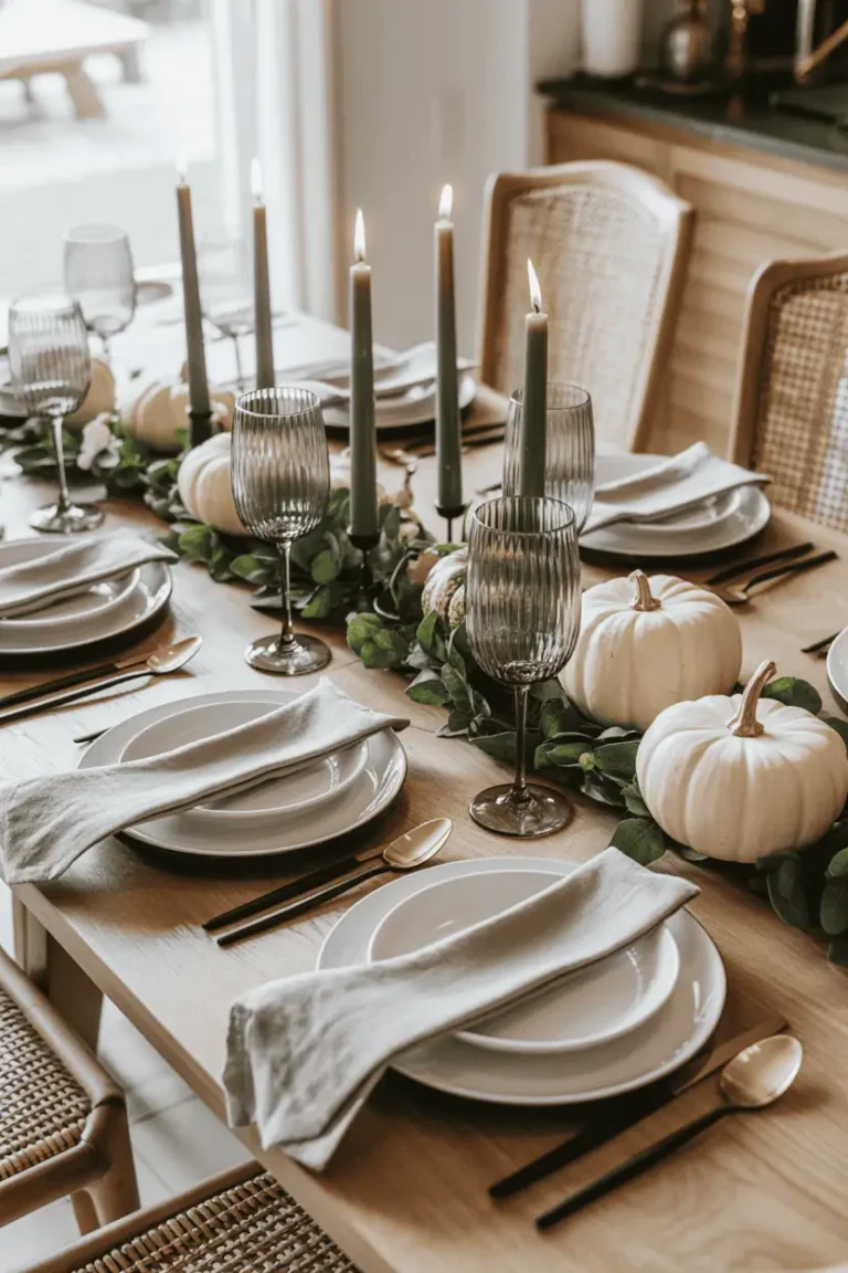 Neutral farmhouse Halloween tablescape with pumpkins and candlelight.