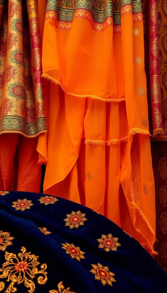 Intricate patterns of vibrant Indian textiles, woven with rich hues and intricate designs. A captivating display of traditional craftsmanship, showcasing the soul of Indian interiors. The foreground features a lush, velvet-like fabric in deep, jewel-toned blues and golds, its surface adorned with delicate embroidery and metallic accents. In the middle ground, cascading layers of sheer, colorful fabrics in warm ochres, saffrons, and ruby reds create a dynamic, layered composition. The background blends softly, allowing the textiles to take center stage, illuminated by a warm, diffused light that casts a cozy, inviting atmosphere. Intricate patterns of vibrant Indian textiles, woven with rich hues and intricate designs. A captivating display of traditional craftsmanship, showcasing the soul of Indian interiors. The foreground features a lush, velvet-like fabric in deep, jewel-toned blues and golds, its surface adorned with delicate embroidery and metallic accents. In the middle ground, cascading layers of sheer, colorful fabrics in warm ochres, saffrons, and ruby reds create a dynamic, layered composition. The background blends softly, allowing the textiles to take center stage, illuminated by a warm, diffused light that casts a cozy, inviting atmosphere.