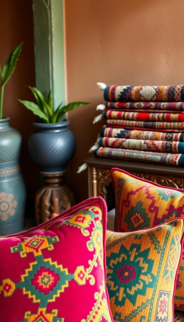 Lush Moroccan textiles in a vibrant color palette, capturing the warmth and richness of North African design. In the foreground, intricate geometric patterns in jewel-toned hues, such as deep ruby, emerald green, and saffron yellow, adorn plush velvet cushions. In the middle ground, an ornately carved wooden side table displays a collection of handcrafted Berber rugs, their intricate woven textures echoing the patterns on the cushions. The background features a softly lit, earthen-toned wall, highlighting the play of light and shadow across the textured surfaces. The overall scene evokes a cozy, inviting atmosphere, reflecting the vibrant and welcoming nature of Moroccan home decor. Lush Moroccan textiles in a vibrant color palette, capturing the warmth and richness of North African design. In the foreground, intricate geometric patterns in jewel-toned hues, such as deep ruby, emerald green, and saffron yellow, adorn plush velvet cushions. In the middle ground, an ornately carved wooden side table displays a collection of handcrafted Berber rugs, their intricate woven textures echoing the patterns on the cushions. The background features a softly lit, earthen-toned wall, highlighting the play of light and shadow across the textured surfaces. The overall scene evokes a cozy, inviting atmosphere, reflecting the vibrant and welcoming nature of Moroccan home decor.