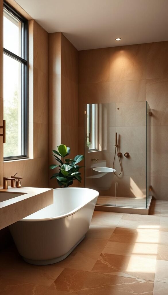 Luxurious natural stone bathroom, featuring a large clawfoot bathtub as the centerpiece. The walls are adorned with smooth, warm-toned marble tiles that catch the soft, diffused lighting filtering in through a large window. A minimalist vanity with a sleek stone countertop and simple brass fixtures stands to the side. In the corner, a lush potted plant adds a touch of nature, complementing the earthy, high-end aesthetic. Across the room, a standalone shower enclosure is enclosed in frameless glass, allowing the intricate patterns of the stone tiles to shine. The overall atmosphere is one of tranquility, sophistication, and an appreciation for the natural beauty of the materials.