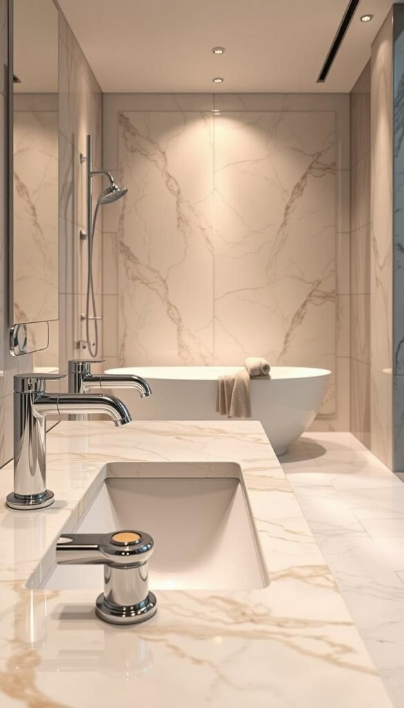 Luxury bathroom materials: a gleaming array of polished marble tiles, their veined patterns catching the warm light from overhead spotlights. Sleek chrome faucets and shower fixtures stand in elegant contrast, their reflective surfaces mirroring the clean lines of the modern vanity. In the background, a deep, free-standing bathtub awaits, its smooth, glossy surface inviting relaxation. Soft, plush towels in muted hues are neatly folded, completing the scene of refined, spa-like luxury. The entire composition exudes a sense of sophisticated tranquility, capturing the essence of a high-end, contemporary bathroom design. Luxury bathroom materials: a gleaming array of polished marble tiles, their veined patterns catching the warm light from overhead spotlights. Sleek chrome faucets and shower fixtures stand in elegant contrast, their reflective surfaces mirroring the clean lines of the modern vanity. In the background, a deep, free-standing bathtub awaits, its smooth, glossy surface inviting relaxation. Soft, plush towels in muted hues are neatly folded, completing the scene of refined, spa-like luxury. The entire composition exudes a sense of sophisticated tranquility, capturing the essence of a high-end, contemporary bathroom design.