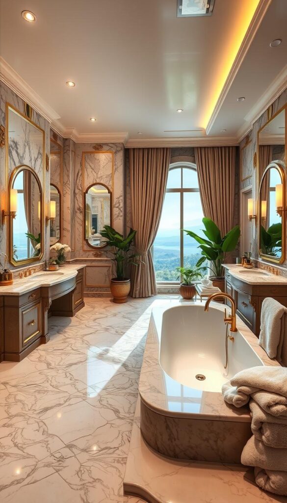 Opulent marble floors, intricate tilework, and a deep soaking tub take center stage in this luxurious bathroom. Gleaming brass fixtures and an expansive vanity with backlit mirrors create an atmosphere of refined elegance. Soft, warm lighting from recessed ceiling fixtures and sconces casts a gentle glow, complementing the natural stone accents. A large window offers a picturesque view, framed by plush, flowing curtains. Lush potted plants add a touch of nature, while a freestanding towel warmer and plush, oversized towels complete the spa-like ambiance. This bathroom exudes a sense of indulgence and tranquility, a true oasis of luxury.