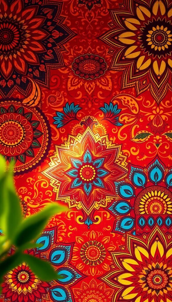 Ornate Indian mandala patterns in a vivid color palette of deep reds, vibrant oranges, and rich jewel-toned blues fill the frame. Detailed paisley motifs, intricate geometric designs, and elegantly curving floral elements create a lush, layered visual tapestry. Soft lighting bathes the scene in a warm, golden glow, highlighting the textural qualities of the patterns. The overall effect is one of opulence, tradition, and cultural richness, perfectly capturing the essence of timeless Indian home decor. Ornate Indian mandala patterns in a vivid color palette of deep reds, vibrant oranges, and rich jewel-toned blues fill the frame. Detailed paisley motifs, intricate geometric designs, and elegantly curving floral elements create a lush, layered visual tapestry. Soft lighting bathes the scene in a warm, golden glow, highlighting the textural qualities of the patterns. The overall effect is one of opulence, tradition, and cultural richness, perfectly capturing the essence of timeless Indian home decor.