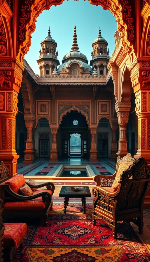 Ornate indian architecture with intricate carvings and vibrant colors. Towering domes and ornate arches in the background, framing a central courtyard with a small reflecting pool. Detailed, handcrafted furniture and textiles in the foreground, including a richly patterned rug, embroidered cushions, and carved wooden chairs. Warm, golden lighting illuminates the scene, casting soft shadows and highlighting the depth and textures of the craftsmanship. The overall atmosphere conveys a sense of timeless elegance and the enduring legacy of India's artistic heritage. Ornate indian architecture with intricate carvings and vibrant colors. Towering domes and ornate arches in the background, framing a central courtyard with a small reflecting pool. Detailed, handcrafted furniture and textiles in the foreground, including a richly patterned rug, embroidered cushions, and carved wooden chairs. Warm, golden lighting illuminates the scene, casting soft shadows and highlighting the depth and textures of the craftsmanship. The overall atmosphere conveys a sense of timeless elegance and the enduring legacy of India's artistic heritage.