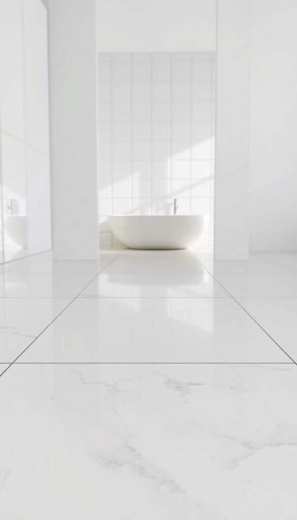 Porcelain tiles with a high-gloss finish, arranged in a symmetrical pattern against a bright, airy backdrop. The tiles reflect the natural light, creating a clean, modern aesthetic. In the foreground, a close-up view showcases the smooth, unblemished surface and the intricate, delicate textures of the porcelain. The middle ground features a wider angle, revealing the tiles' uniform size and precise installation. In the background, a minimalist bathroom setting complements the tiles, with sleek fixtures and a neutral color scheme. The overall composition conveys a sense of luxury, durability, and attention to detail, perfectly suited for a wet area like a bathroom.