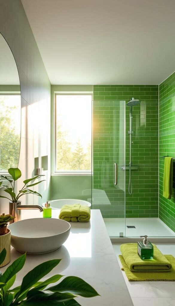 Prompt A serene, well-lit bathroom with lush green accents. In the foreground, a sleek vanity topped with a porcelain sink, surrounded by an array of verdant accessories - a potted plant, plush towels, and a decorative soap dispenser. The middle ground features a modern glass-enclosed shower with a rainfall showerhead, its walls adorned with vibrant green tiles. The background showcases a large window, allowing natural light to flood the space and cast a warm, soothing glow. The overall atmosphere is one of tranquility and sophistication, creating a sanctuary-like ambiance. Prompt A serene, well-lit bathroom with lush green accents. In the foreground, a sleek vanity topped with a porcelain sink, surrounded by an array of verdant accessories - a potted plant, plush towels, and a decorative soap dispenser. The middle ground features a modern glass-enclosed shower with a rainfall showerhead, its walls adorned with vibrant green tiles. The background showcases a large window, allowing natural light to flood the space and cast a warm, soothing glow. The overall atmosphere is one of tranquility and sophistication, creating a sanctuary-like ambiance.