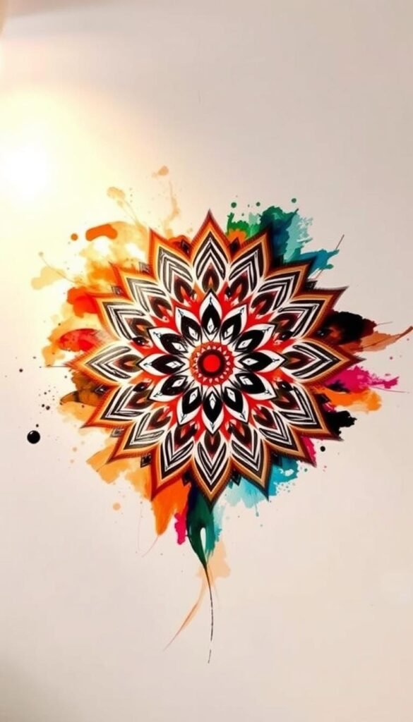 Vibrant and captivating Indian contemporary art piece, featuring a harmonious blend of traditional elements and modern abstract forms. The centerpiece is a mesmerizing mandala-inspired motif, with intricate geometric patterns in a rich palette of earthy ochres, vibrant reds, and soothing blues. Surrounding the mandala are delicate, flowing brushstrokes that create a sense of movement and fluidity, evoking the dynamism of Indian culture. The lighting is soft and diffused, casting a warm, inviting glow that enhances the depth and texture of the artwork. The overall composition is balanced and visually striking, presenting a captivating representation of the rich artistic heritage of India. Vibrant and captivating Indian contemporary art piece, featuring a harmonious blend of traditional elements and modern abstract forms. The centerpiece is a mesmerizing mandala-inspired motif, with intricate geometric patterns in a rich palette of earthy ochres, vibrant reds, and soothing blues. Surrounding the mandala are delicate, flowing brushstrokes that create a sense of movement and fluidity, evoking the dynamism of Indian culture. The lighting is soft and diffused, casting a warm, inviting glow that enhances the depth and texture of the artwork. The overall composition is balanced and visually striking, presenting a captivating representation of the rich artistic heritage of India.