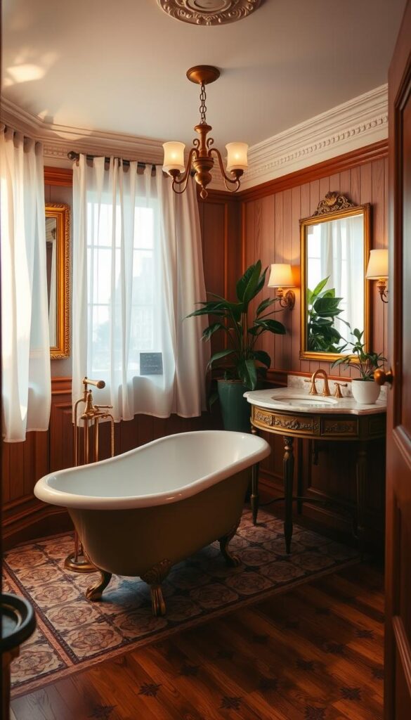 Vintage-inspired bathroom, golden-framed mirror reflecting warm lighting, claw-foot tub on antique-style tiled floor, vintage-style vanity with marble counter and brass fixtures, ornate sconces casting a soft glow, sheer curtains billowing in the breeze, lush potted plants adding natural touches, hardwood wainscoting and crown molding, overall cozy and timeless atmosphere, 50mm lens, natural lighting from large windows.
