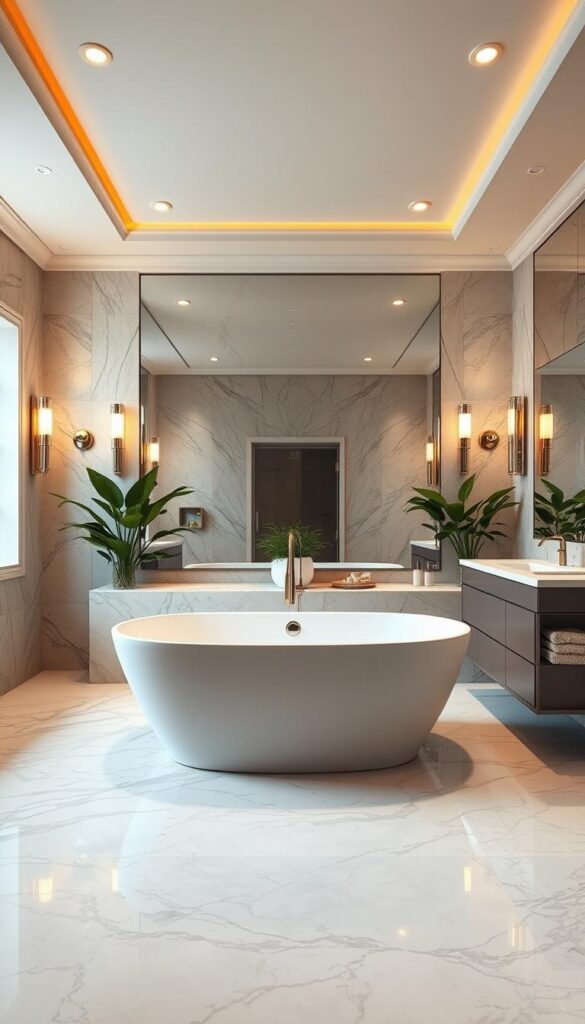 a luxurious bathroom with a large, freestanding bathtub placed in the center of the room, surrounded by a spacious marble floor and elegant, high-end tiles lining the walls. Soft, warm lighting from recessed ceiling fixtures and wall sconces creates a serene, spa-like ambiance. A large, frameless mirror takes up one wall, reflecting the room's opulent features. Sleek, modern vanities with double sinks and high-end faucets are situated on either side of the mirror. Lush, green potted plants and plush towels in neutral tones add natural accents to the sophisticated design.