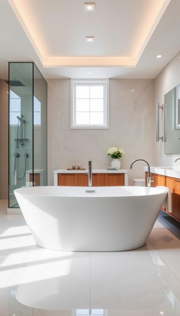 a luxurious freestanding bathtub in a modern bathroom, bathed in soft, diffused lighting from windows and overhead fixtures. the tub is positioned in the center of the frame, with clean lines and a minimalist design. the bathroom features high-end materials like polished stone, warm wood accents, and sleek fixtures. the scene has a serene, spa-like atmosphere, with a neutral color palette and a sense of balance and harmony. the camera angle is slightly elevated, capturing the tub from an angle that highlights its elegant, sculptural form. a luxurious freestanding bathtub in a modern bathroom, bathed in soft, diffused lighting from windows and overhead fixtures. the tub is positioned in the center of the frame, with clean lines and a minimalist design. the bathroom features high-end materials like polished stone, warm wood accents, and sleek fixtures. the scene has a serene, spa-like atmosphere, with a neutral color palette and a sense of balance and harmony. the camera angle is slightly elevated, capturing the tub from an angle that highlights its elegant, sculptural form.