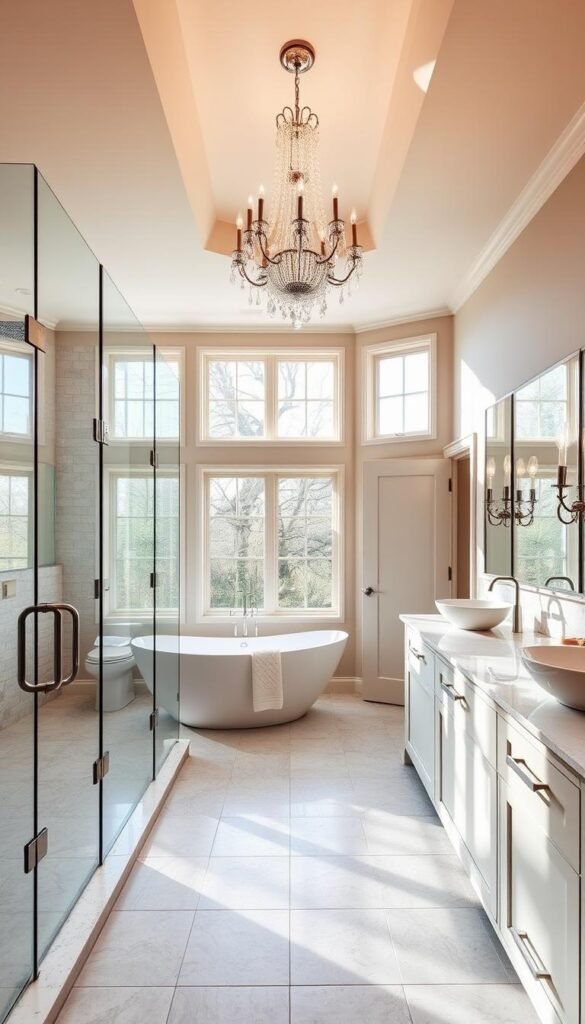 a luxurious guest bathroom in a contemporary style, featuring a large frameless glass shower enclosure with sleek chrome fixtures, a freestanding clawfoot bathtub under a sparkling crystal chandelier, and a double vanity with modern vessel sinks and a large mirror with elegant sconces. the room is bathed in warm, natural lighting filtering through large windows, with a neutral color palette of creams and grays accented by touches of wood and greenery. the space conveys a sense of tranquility and indulgence, creating a welcoming and relaxing atmosphere for guests. a luxurious guest bathroom in a contemporary style, featuring a large frameless glass shower enclosure with sleek chrome fixtures, a freestanding clawfoot bathtub under a sparkling crystal chandelier, and a double vanity with modern vessel sinks and a large mirror with elegant sconces. the room is bathed in warm, natural lighting filtering through large windows, with a neutral color palette of creams and grays accented by touches of wood and greenery. the space conveys a sense of tranquility and indulgence, creating a welcoming and relaxing atmosphere for guests.