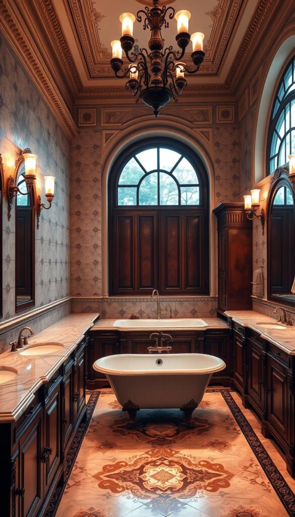 a magnificent traditional bathroom with ornate fixtures and fittings, elegant marble countertops, and a centrepiece claw-foot bathtub. The room is bathed in warm, ambient lighting from vintage-style sconces and a chandelier overhead, casting a soft glow and creating a sense of timeless luxury. Intricate tile patterns line the walls, complemented by rich wood cabinetry and antique-inspired hardware. A large, arched window allows natural light to filter in, illuminating the space and reflecting off the polished surfaces. The overall atmosphere evokes a sense of old-world charm and sophistication, creating a serene and indulgent sanctuary.