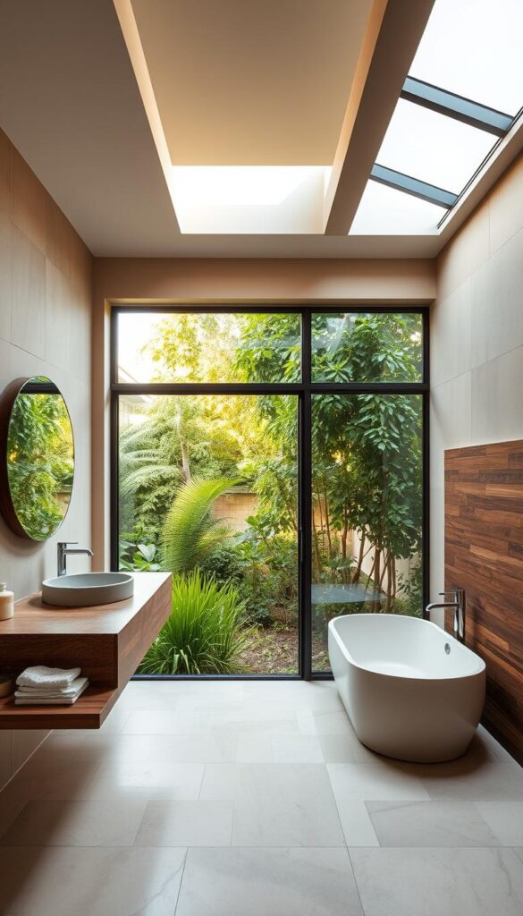 a minimalist and sustainable bathroom design with natural materials and earthy tones, featuring a floating vanity with a stone or bamboo countertop, a large window overlooking a lush garden, a freestanding bathtub with a wooden accent wall, and a skylight providing warm, diffused lighting. the space has a calming, spa-like atmosphere with a focus on eco-friendly, low-impact fixtures and finishes.