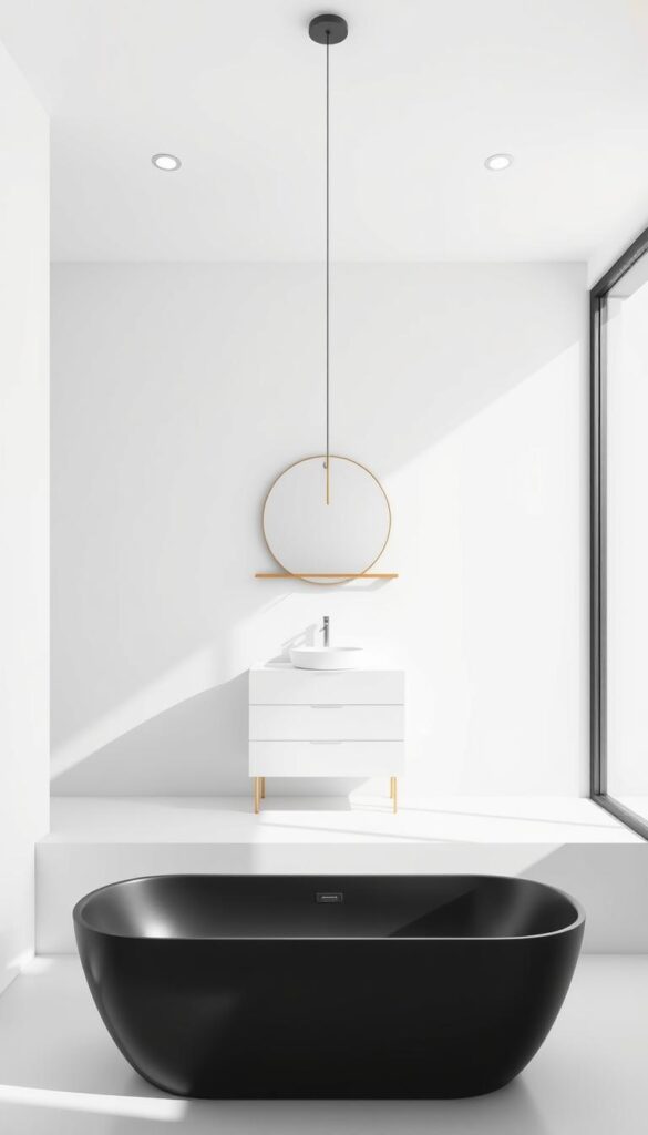 a minimalist bathroom design with a clean, modern aesthetic. the foreground features a sleek, rectangular bathtub with a matte black finish, positioned against a stark white wall. the middle ground showcases a simple vanity unit with a floating shelf above, accentuated by a circular mirror with a thin metal frame. the background is dominated by large, frameless windows that allow natural light to flood the space, creating a bright and airy atmosphere. the overall palette is muted, with a focus on neutral tones and smooth, uninterrupted surfaces. the lighting is subtle, with a minimalist pendant or recessed fixtures casting a warm, even glow throughout the room. the composition emphasizes simplicity, functionality, and a sense of calm.
