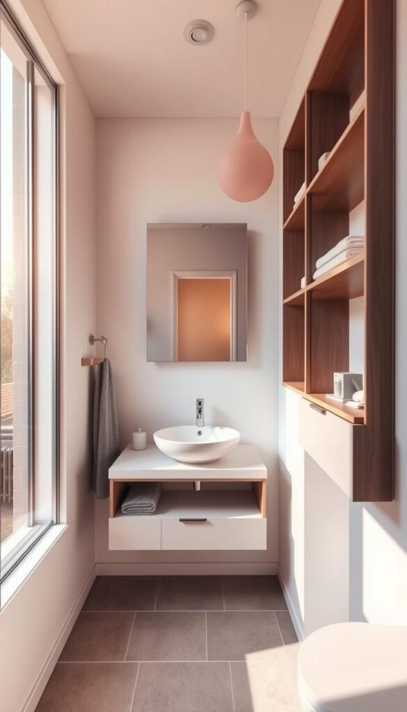 a small, well-designed bathroom with a modern, minimalist aesthetic. The room is bathed in warm, natural light from a large window, showcasing clean lines, a sleek vanity, and a compact, floating sink. The focal point is a statement mirror that reflects the space, creating an illusion of depth. The tiled floor in a neutral tone complements the white walls, while strategic shelving and storage solutions maximize the limited space. The overall atmosphere is serene, calming, and highly functional, demonstrating thoughtful small bathroom design strategies.