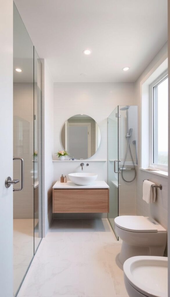a well-designed small bathroom with light-colored tiles, a vanity with a modern vessel sink, and a frameless glass shower enclosure. The space is bright and airy, with recessed lighting and a large window that floods the room with natural light. The layout is efficient, with a floating vanity and minimalist accessories to create a clean, uncluttered look. The color palette is calming, with soft grays and whites, accented by touches of wood or metallic finishes. The overall impression is of a spa-like retreat, where every inch of space is thoughtfully utilized for maximum functionality and visual appeal.