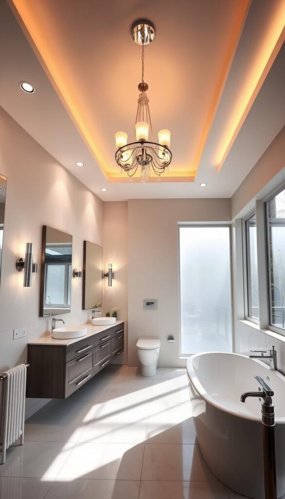 a well-lit bathroom with a variety of contemporary lighting fixtures, including a statement chandelier or pendant light over a sleek vanity with modern mirrors, recessed ceiling lights casting a warm glow, and discreet wall sconces illuminating the room's corners, creating a cozy and luxurious ambiance; the bathroom features clean, minimalist tile or stone flooring, with large windows or skylights allowing for natural light to flow in, resulting in a bright, airy, and spa-like atmosphere