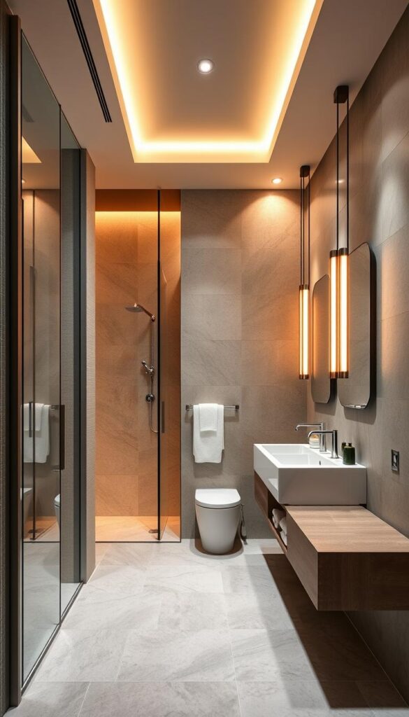 innovative bathroom layouts with modern amenities, sleek fixtures, and unique spatial arrangements, capturing the essence of a sophisticated and functional bathroom design, showcasing a variety of layouts tailored to different sized spaces, featuring elements such as open showers, dual vanities, and creative storage solutions, illuminated by warm, indirect lighting that creates a serene and relaxing atmosphere, all captured from a slightly elevated angle to provide a comprehensive view of the innovative bathroom designs